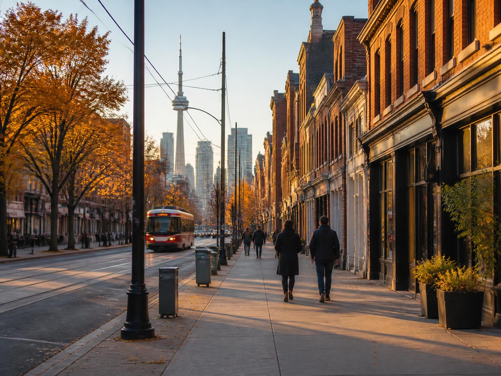 Toronto Centre streetscape with sidewalks, storefronts and pedestrians